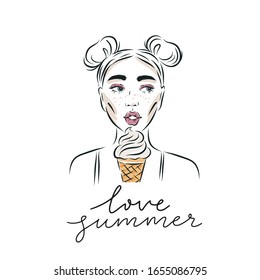 Portrait of a beautiful girl with ice cream. Summer print in a modern style. Fashion illustration