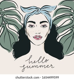Portrait of a beautiful girl in the jungle. Summer print in a modern style. Fashion illustration