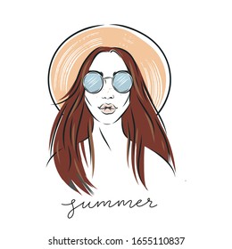 Portrait of a beautiful girl in the jungle. Summer print in a modern style. Fashion illustration