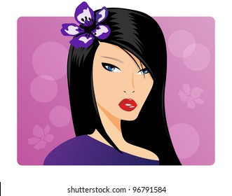 Portrait of a beautiful girl with long black hair, vector