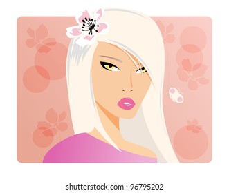 Portrait of a beautiful girl with long blonde hair, vector