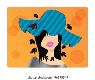 Portrait of a beautiful girl with long dark hair wearing a hat, vector