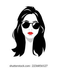 Portrait of a beautiful girl with long hair and wearing glasses. vector design. silhouette. isolated white background.