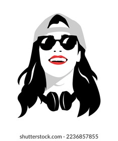 portrait of a beautiful girl with long hair and wearing a backwards hat, glasses and headphones around her neck. happy laugh. vector design. silhouette. isolated white background.