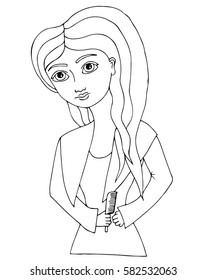 Portrait of a beautiful girl with long hair with comb is in a hand. Mono color black line art element  for coloring book design.