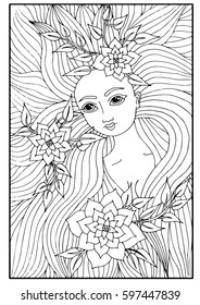 Portrait of a beautiful girl with long hair with flower and leaves.  Vintage style card with woman for coloring book, invitation, posters, placards, banners, printable.