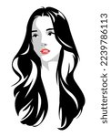 portrait of a beautiful girl with long wavy hair. isolated white background. vector monochrome illustration.