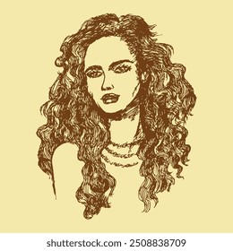 Portrait of a beautiful girl with long wavy hair. Sketch, outline, imitation of engraving. Vector illustration