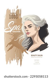 Portrait of a beautiful girl with loose hair just starting to turn gray. Vector illustrationwith splashes isolated on white background