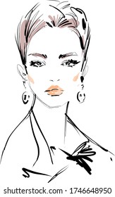 Portrait of a beautiful girl makeup face. Beauty and fashion vector illustration. Hand drawn black and white sketch for cosmetics banner design.