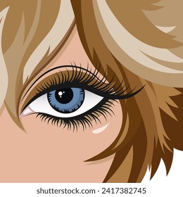 Portrait of a beautiful girl with makeup, face, art aesthetics poster. Women's eyes and hair. Beauty logo. Beauty concept. Illustration, vector