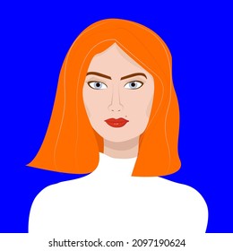 Portrait of beautiful girl with orange hair and blue eyes looking at camera. Flat vector illustration