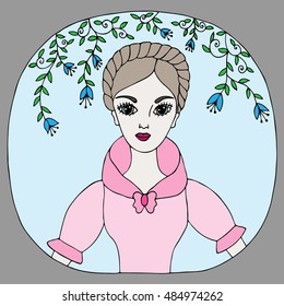 Portrait beautiful girl in the pink dress with blue flower and green leaves. Element for adult coloring book page design.