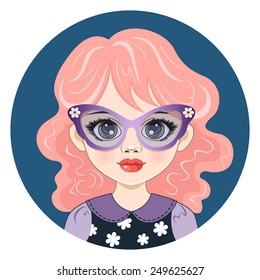 Portrait of a beautiful girl with pink hair in stylish glasses. Vector illustration