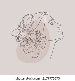 Portrait of a beautiful girl in profile. Flowers in hair. Sketch, outline drawing. Vector illustration in fashion style. Abstract shapes, elegant lines, pastel colors. Poster design, logo template.