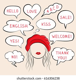 Portrait of a beautiful girl in a red beret who speaks English words. Comic speech bubbles are around her. Vector illustration for your design.