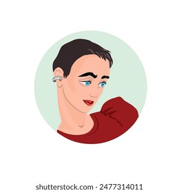 Portrait of a beautiful girl in a red dress with short hair. An avatar for a social network. Vector flat illustration