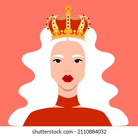 Portrait of a beautiful girl with a royal crown on her head. Avatar for social networks. Vector illustration in a flat style.