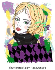 Portrait of a beautiful girl in a scarf and a diamond pattern sweater. Vector fashion illustration on abstract background