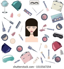 Portrait of beautiful girl and сosmetics set. Collection of makeup brush and lipstick, foundation and eyeshadow. Isolated vector illustration in cartoon style.