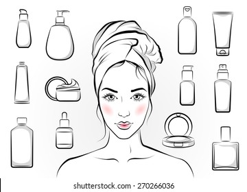 Portrait of  beautiful girl and set of isolated cosmetic products