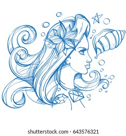 Portrait of a beautiful girl and shells. Profile of a woman with long hair. Drawing for the design of beauty salons, cosmetics.