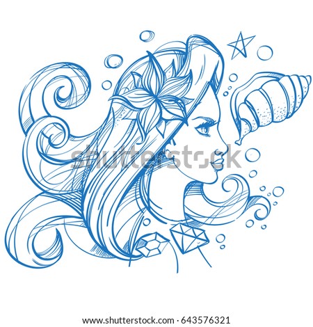 Portrait of a beautiful girl and shells. Profile of a woman with long hair. Drawing for the design of beauty salons, cosmetics.