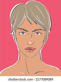 Portrait of a beautiful girl with short hair on a pink background. Vector flat illustration. Female avatar for social networks.