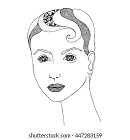 Portrait of beautiful girl with short hair. Natural young lady face with elements of pattern. Abstract isolated design element. Hand drawn black and white vector illustration. Cartoon, doodle.