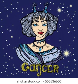 portrait of beautiful girl with short hair and fun horns of the sign cancer. the blue in the background of the starry sky. the yellow lettering mysterious cancer. vector illustration for calendar
