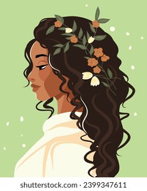 Portrait of a beautiful girl. Side pose. Flowers in your hair. Hairstyle. Poster card for Women's Day. Vector spring flat illustration on a gentle pastel background