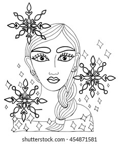 Portrait of beautiful girl with snowflakes and spangles in the hair. Winter style can be used as a card of beauty shop and other. Mono color black line art element for adult coloring book page design.