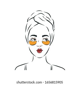 Portrait of a beautiful girl. Spa girl with a mask on her face, patches and a towel on her head. Fashion illustration in a modern style