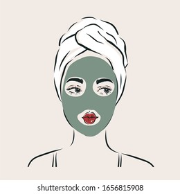 Portrait of a beautiful girl. Spa girl with a mask on her face, patches and a towel on her head. Fashion illustration in a modern style