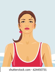 Portrait of a beautiful girl in a sports red singlet. Vector