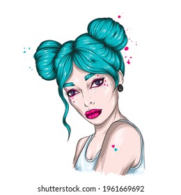 Portrait of a beautiful girl with a stylish hairstyle and makeup. Fashion and Style.