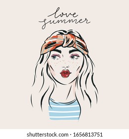 Portrait of a beautiful girl. Summer print in a modern style. Fashion illustration