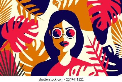 Retrato de una hermosa chica con gafas de sol en hojas coloridas en colores de moda.