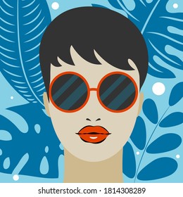 Portrait of beautiful girl in sunglasses on background of leaves. Summer fashion illustration