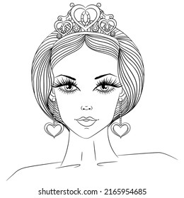 Portrait of a beautiful girl in a tiara with a bob hairstyle. Vector illustration in sketch line art style isolated on white. Close up princess fashion sketch.