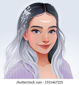 Portrait of a beautiful girl with tiara on her head. Vector cartoon illustration.