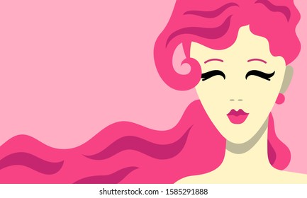 Portrait of a beautiful girl with wavy pink hair (ponytail) and eyes closed on a pink background, vector graphics, vector illustration