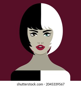 Portrait of beautiful girl with white and black hair. Contrast symbol. Unity of opposites illustration.