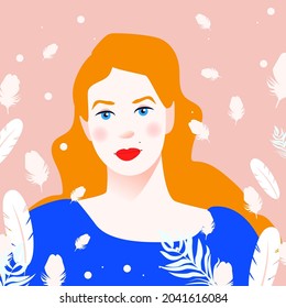 Portrait of a beautiful girl with white feathers and ginger hair. Young blond woman. Avatar for social networks. Fashion and beauty. Bright vector illustration in flat style