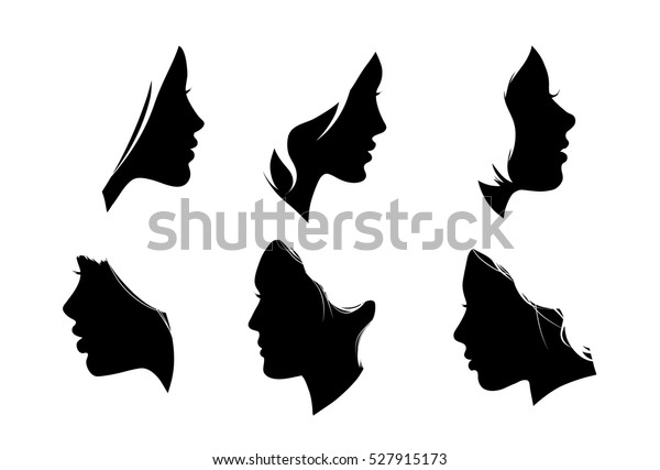 白い髪型の美しい女の子のポートレート 横顔の女性 分離型輪郭シルエット ベクターイラストセット のベクター画像素材 ロイヤリティフリー