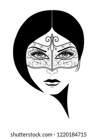 Portrait of a beautiful girl. Woman face hidden behind a decorative carnival mask with lace patterns. Venetian stranger. Venice masquerade. Vector illustration isolated on white background. Hand drawn