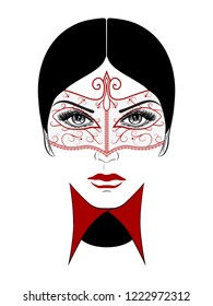 Portrait of a beautiful girl. Woman face hidden behind a decorative carnival mask with lace patterns. Venetian stranger. Venice masquerade. Vector illustration isolated on white background. Hand drawn