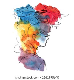 Portrait of a beautiful girl. Woman's face in a hat with feathers. Colored handkerchief around his neck