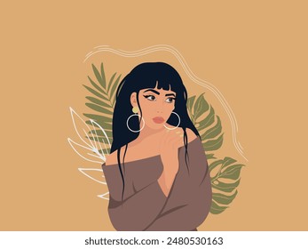 Portrait of a beautiful girl. Young brunette girl with fringes. Avatar for social media. Fashion and beauty. Bright vector illustration in flat style