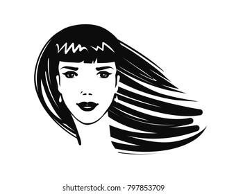 Portrait of beautiful girl, young woman with long hair. Beauty salon, spa, makeup, fashion, logo or symbol. Art sketch vector illustration